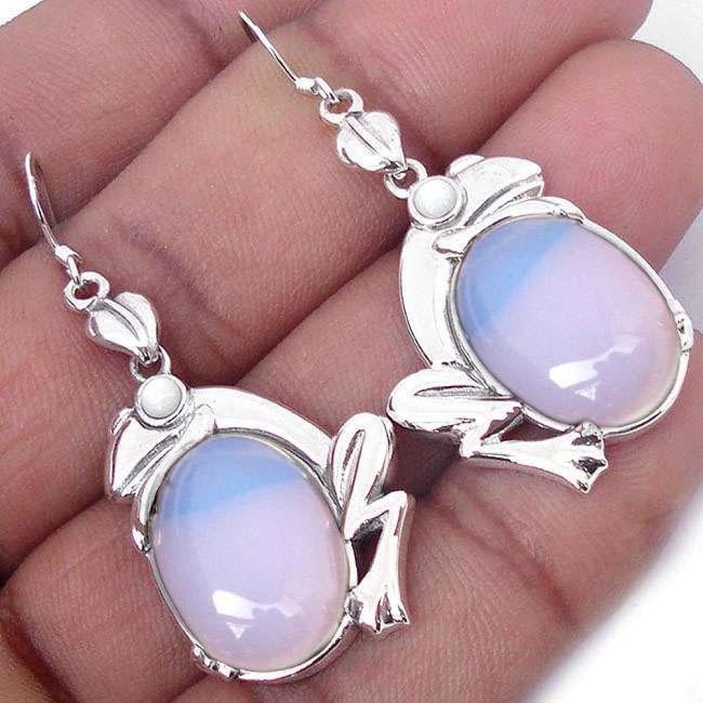 925 STERLING SILVER EARRINGS ELEGANT NATURAL WHITE OPALITE PEARL FROG H14872