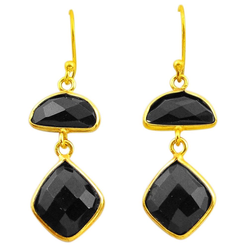 925 sterling silver 14.30cts natural black onyx 14k gold dangle earrings p75184