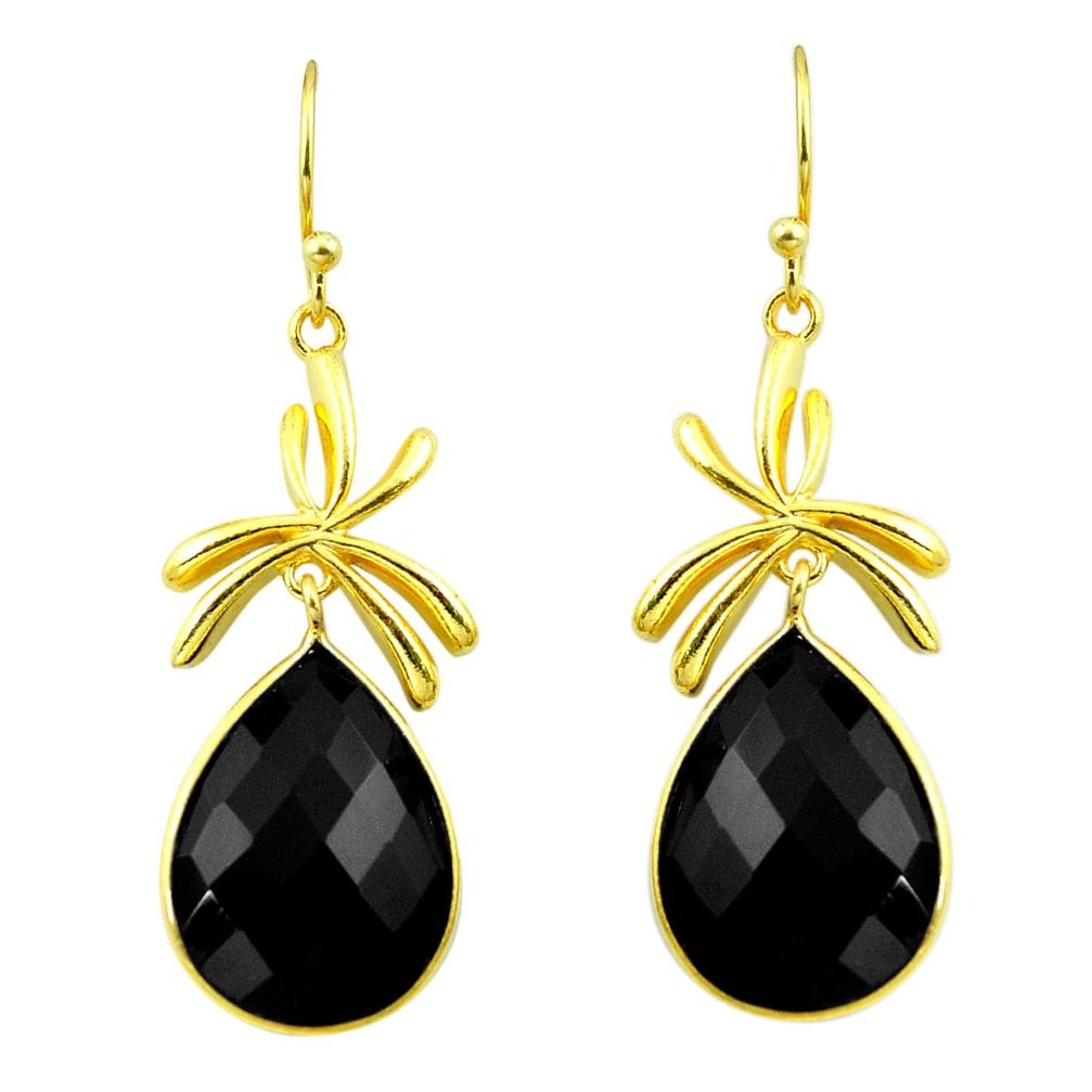 925 sterling silver 22.65cts natural black onyx 14k gold dangle earrings p75254