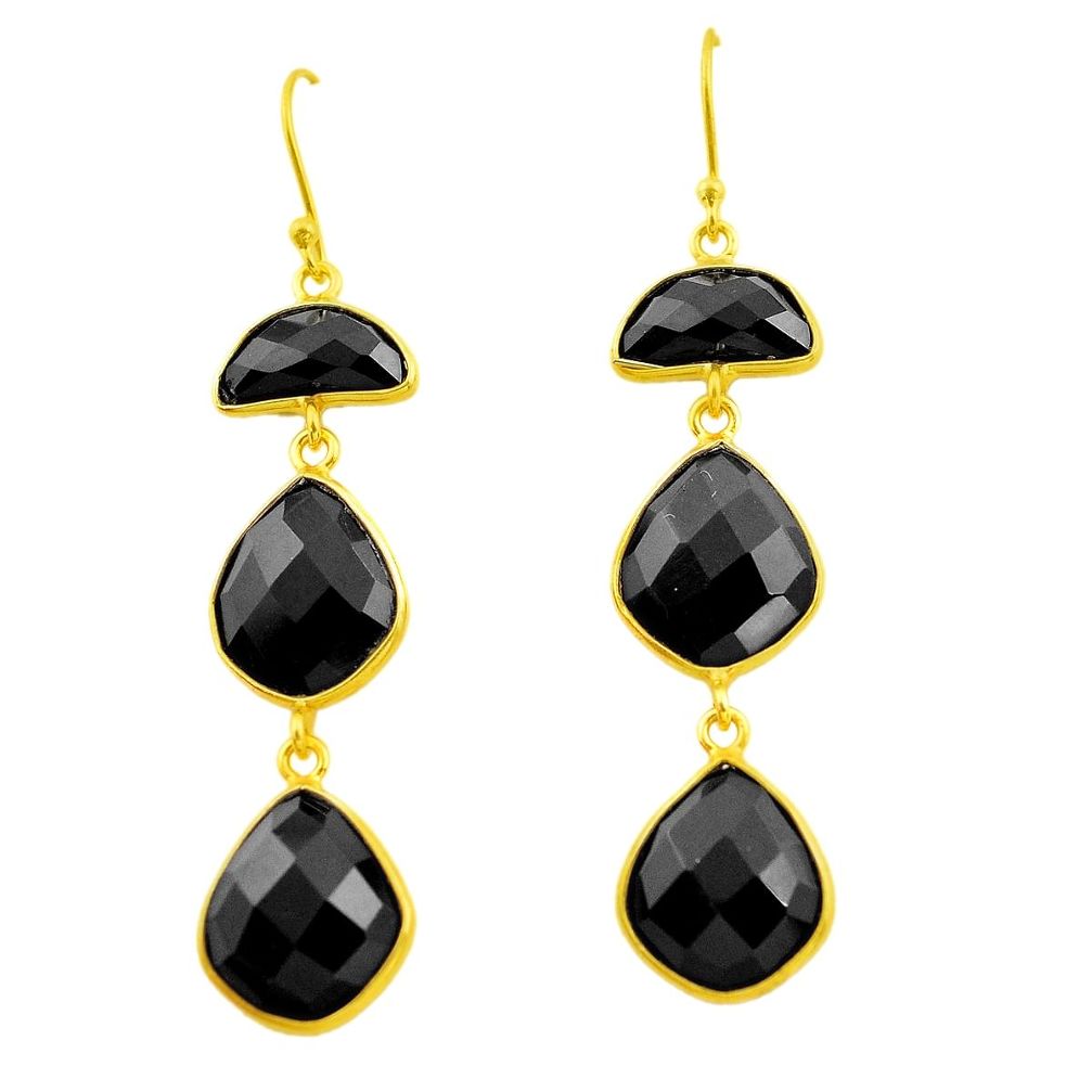 925 sterling silver 23.94cts natural black onyx 14k gold dangle earrings p75268