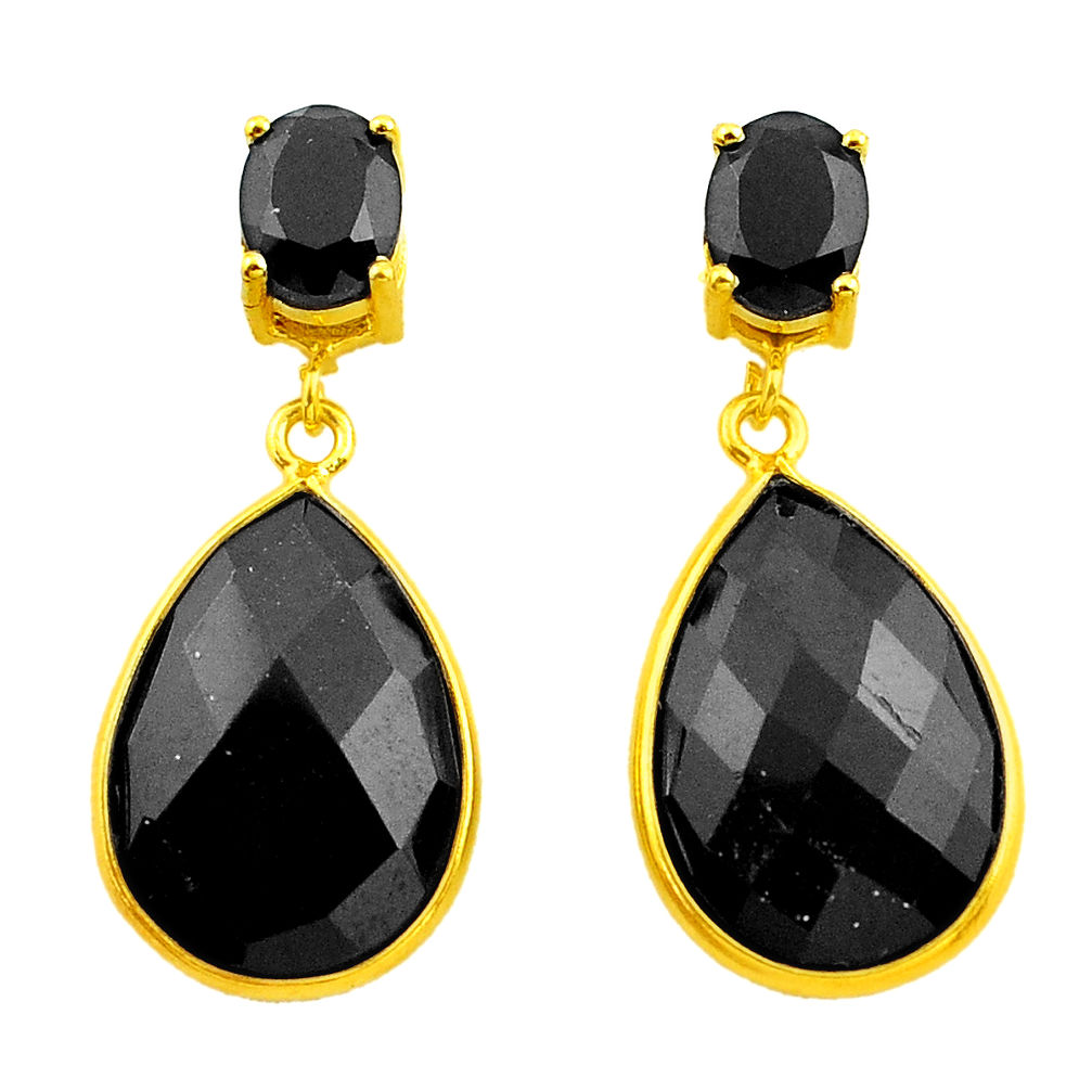 925 sterling silver 19.30cts natural black onyx 14k gold dangle earrings p75288