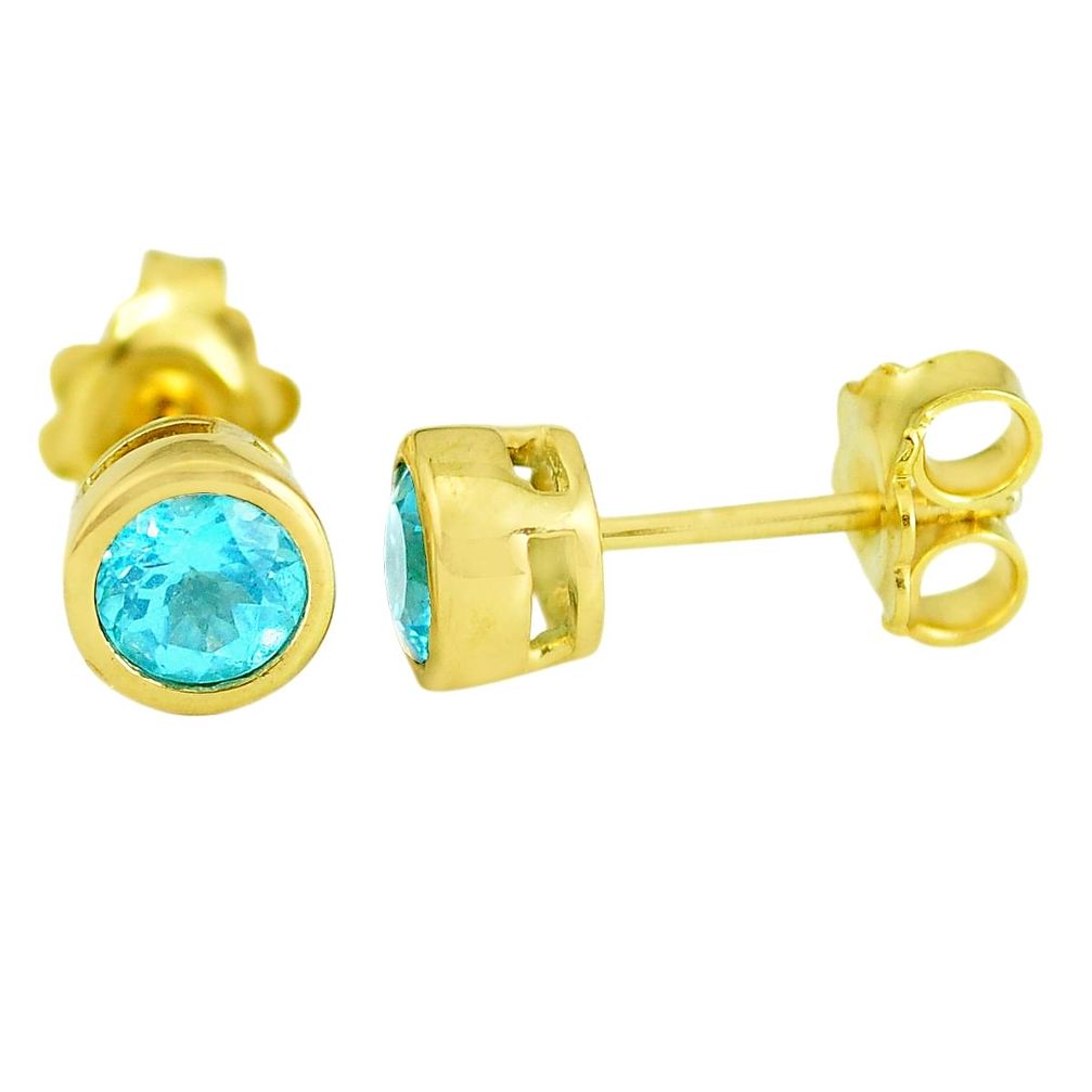 925 sterling silver 1.66cts natural blue topaz 14k gold stud earrings c3775