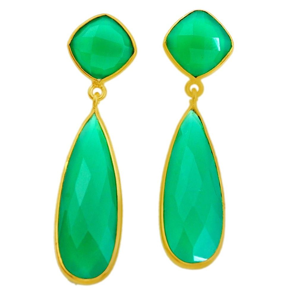 925 sterling silver 27.81cts natural green chalcedony 14k gold earrings p50060