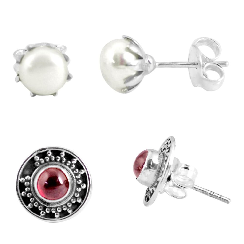 925 sterling silver 6.85cts natural white pearl red garnet stud earrings p48784