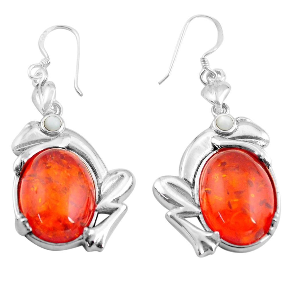 925 sterling silver 16.24cts orange amber pearl frog earrings jewelry c4514