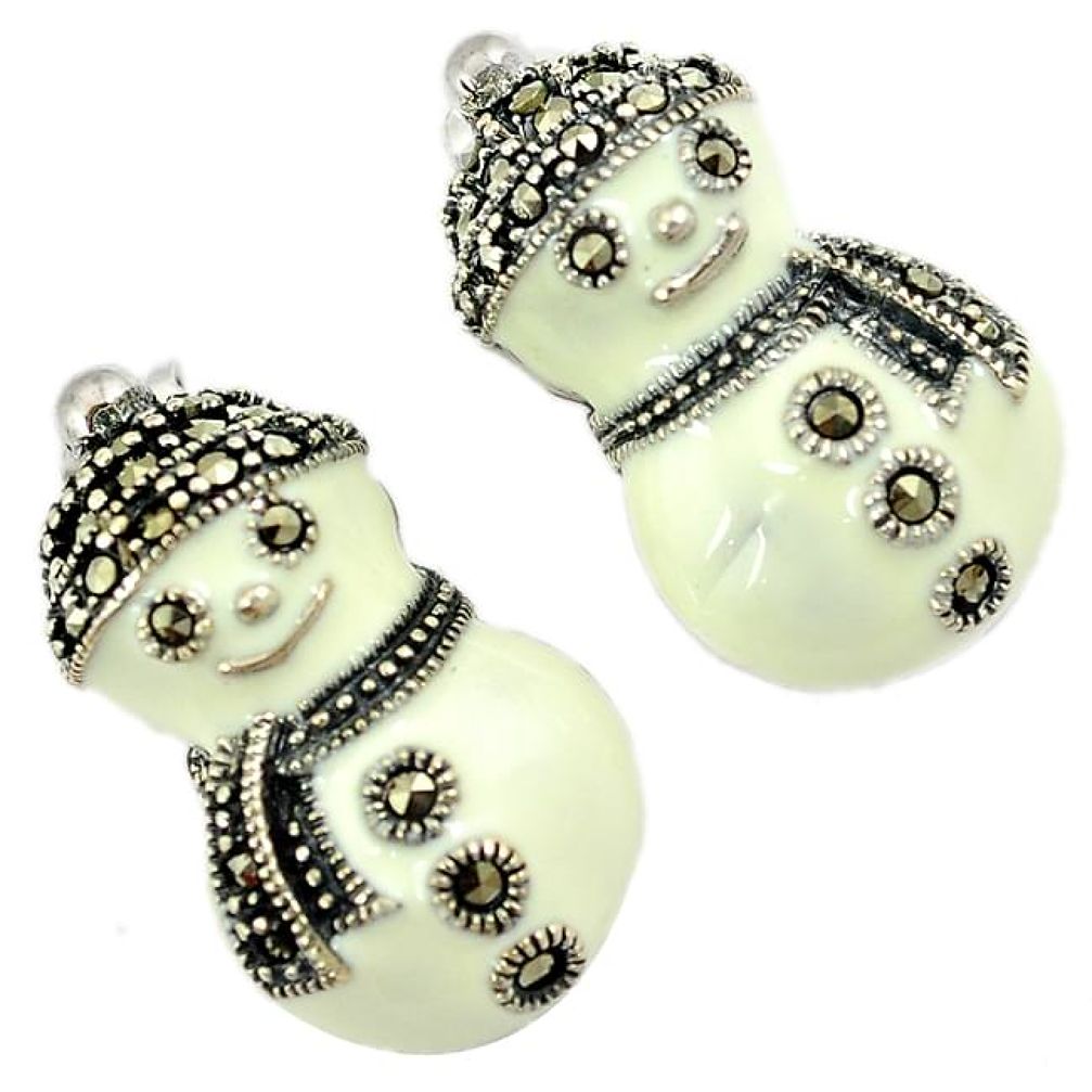 925 sterling silver white enamel marcasite snowman stud earrings jewelry h55709