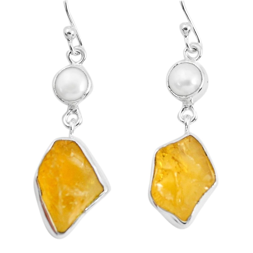 925 sterling silver 14.23cts yellow citrine rough pearl dangle earrings p51804
