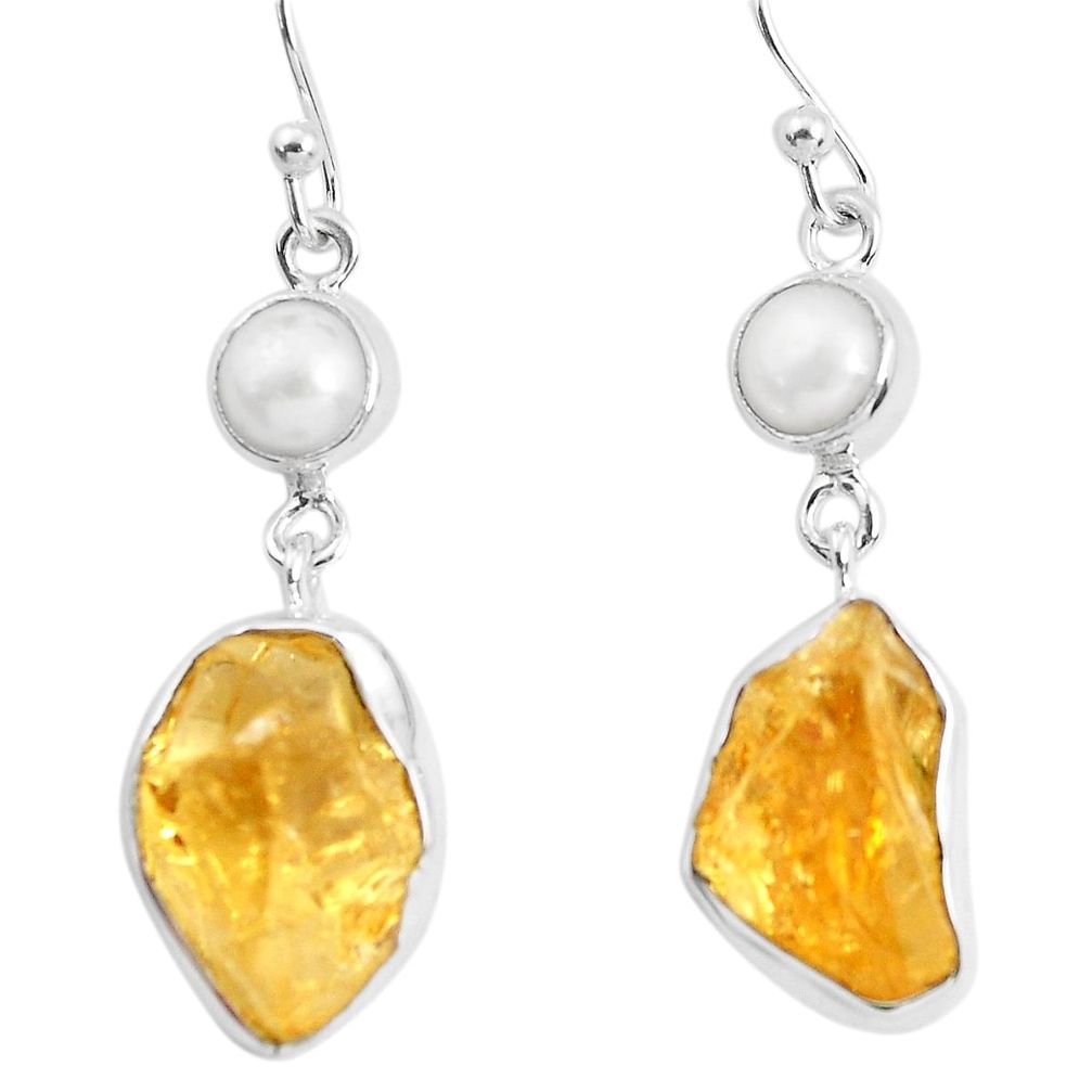 925 sterling silver 14.72cts yellow citrine rough pearl dangle earrings p51807