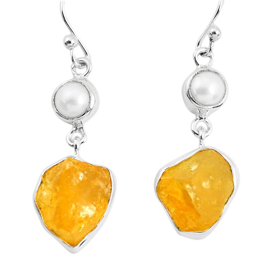 925 sterling silver 14.72cts yellow citrine rough pearl dangle earrings p51815