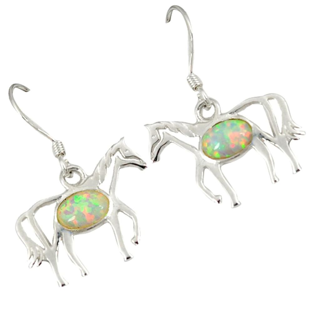 Pink australian opal (lab) 925 sterling silver horse earrings jewelry a23134