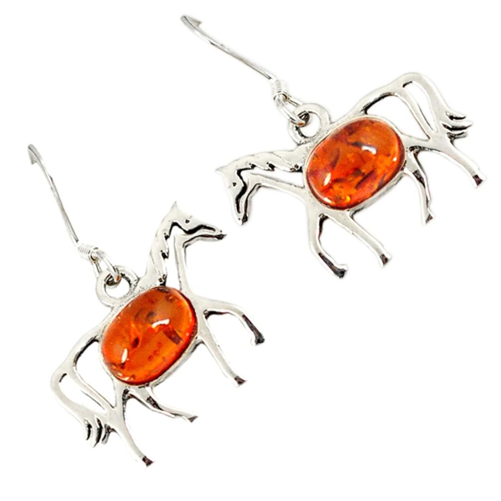 Authentic orange amber oval 925 sterling silver horse earrings jewelry a23319