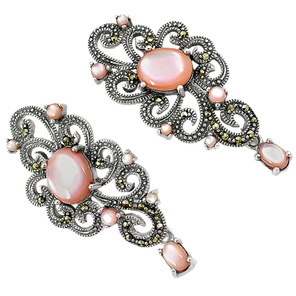 Natural pink pearl marcasite 925 sterling silver dangle earrings a29646