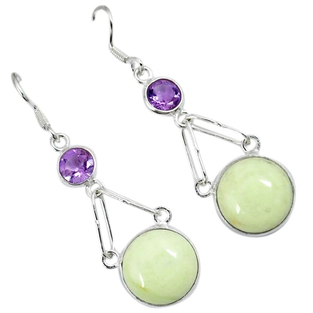 Natural lemon chrysoprase purple amethyst 925 silver dangle earrings a30642