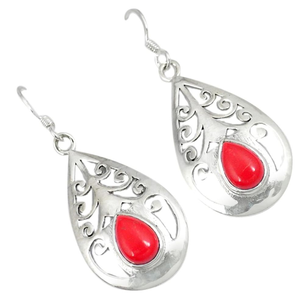 Red coral pear 925 sterling silver dangle earrings jewelry a30703