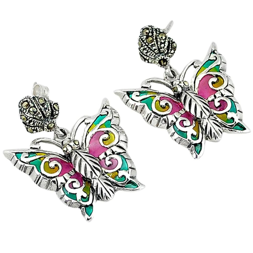 Art nouveau fine marcasite enamel 925 sterling silver butterfly earrings a35479