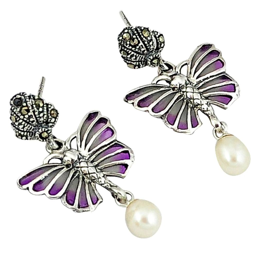 Art nouveau white pearl fine marcasite 925 silver butterfly earrings a36092