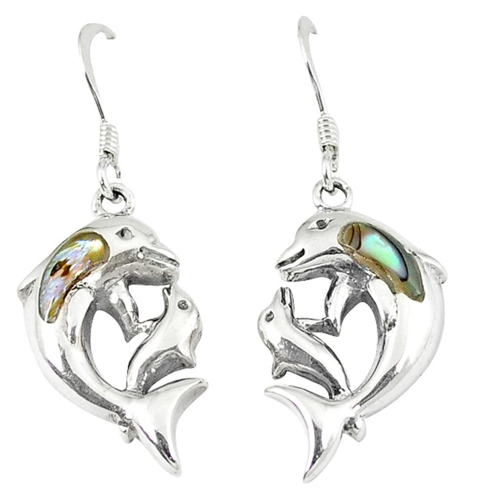 4.27gms natural green abalone paua seashell 925 silver dolphin earrings a45798