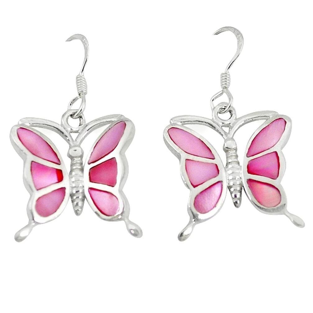 Pink pearl enamel 925 sterling silver butterfly earrings jewelry a49650