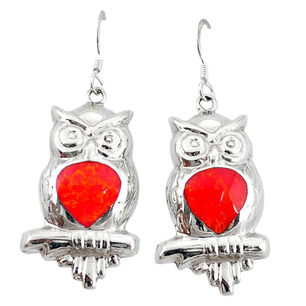 Red sponge coral enamel 925 sterling silver owl earrings jewelry a50267