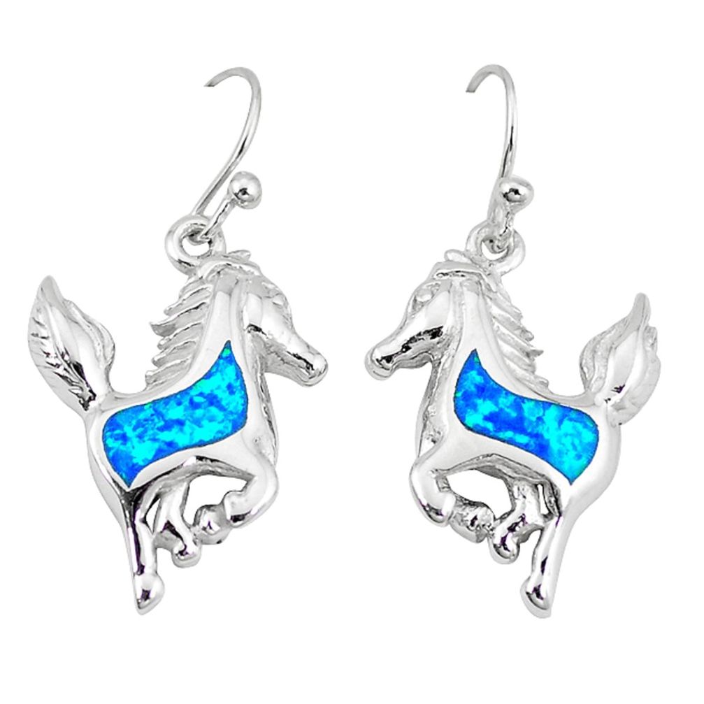 Blue australian opal (lab) 925 sterling silver horse earrings jewelry a52566
