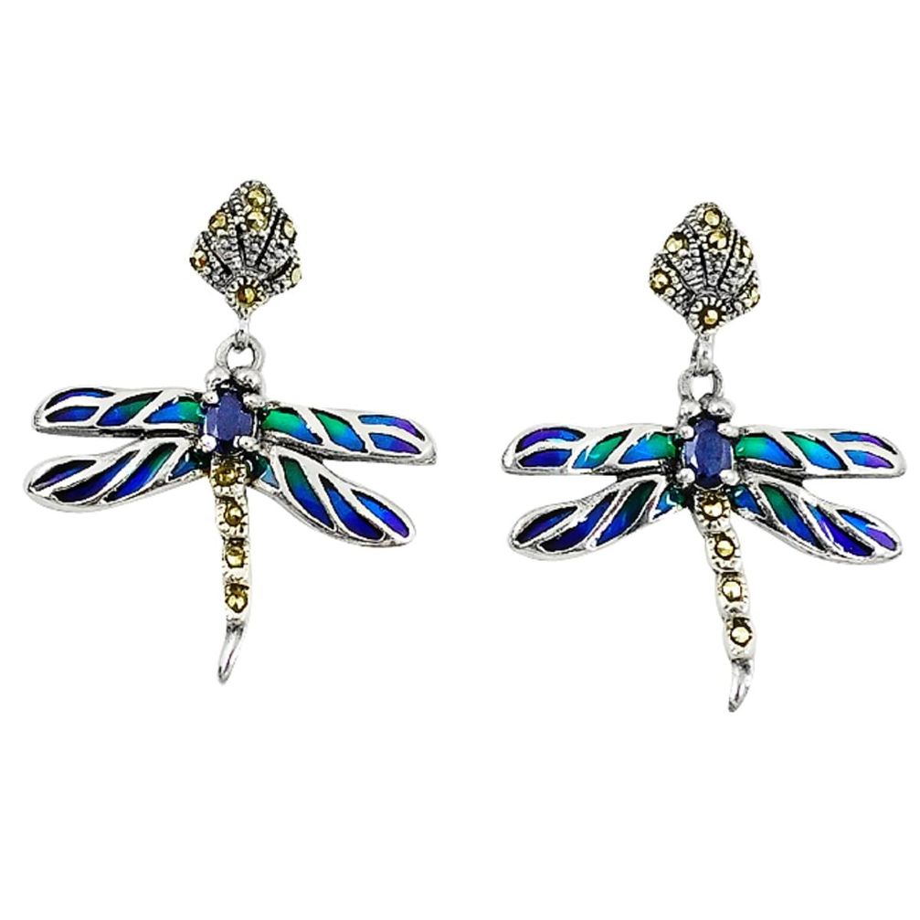 Art nouveau natural blue sapphire marcasite 925 silver earrings jewelry a53927