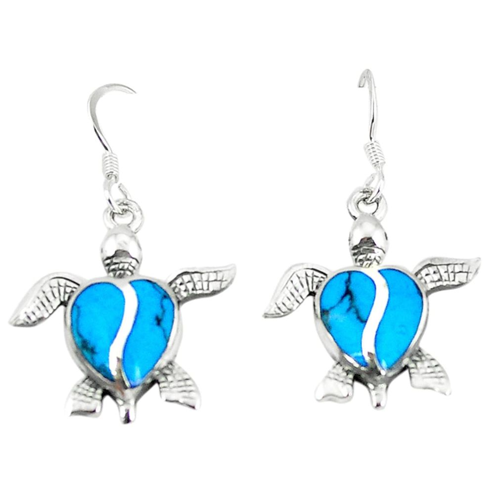 Fine blue turquoise enamel 925 sterling silver tortoise earrings jewelry a55521