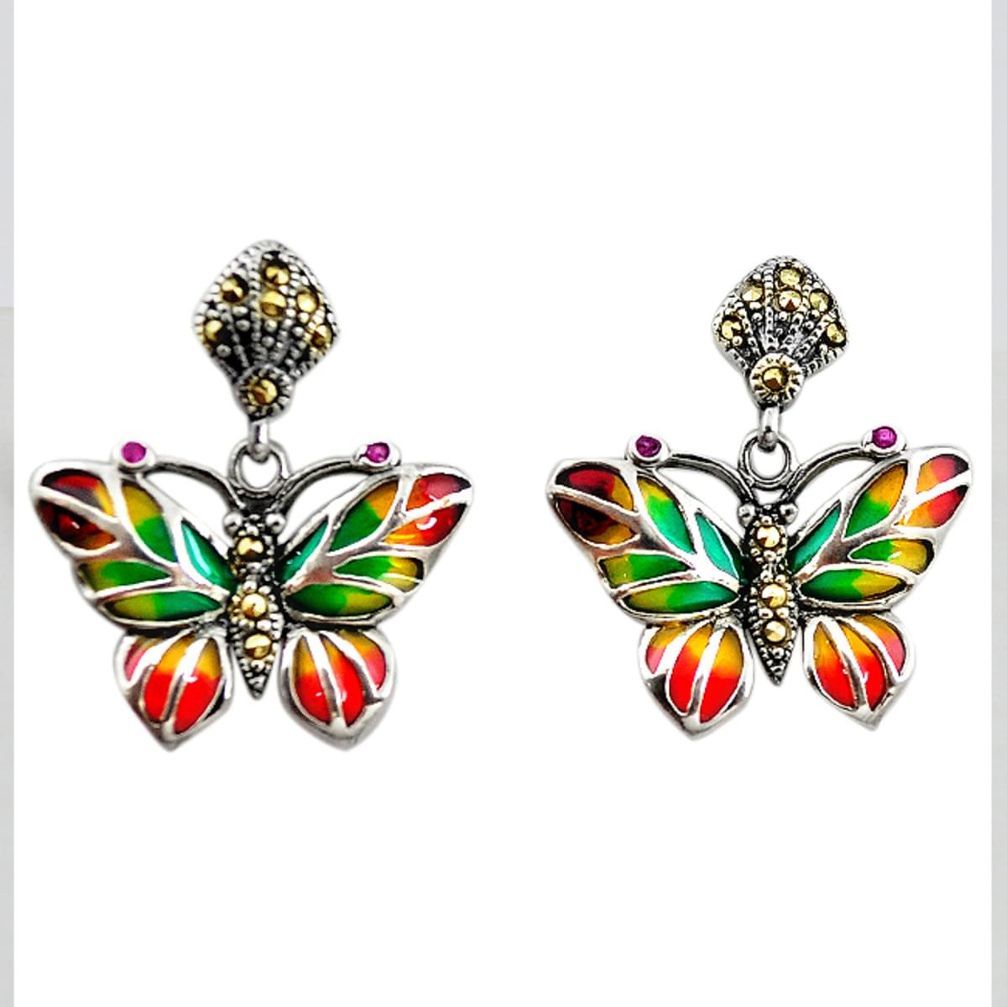 Art nouveau ruby marcasite enamel 925 silver butterfly earrings jewelry a65661