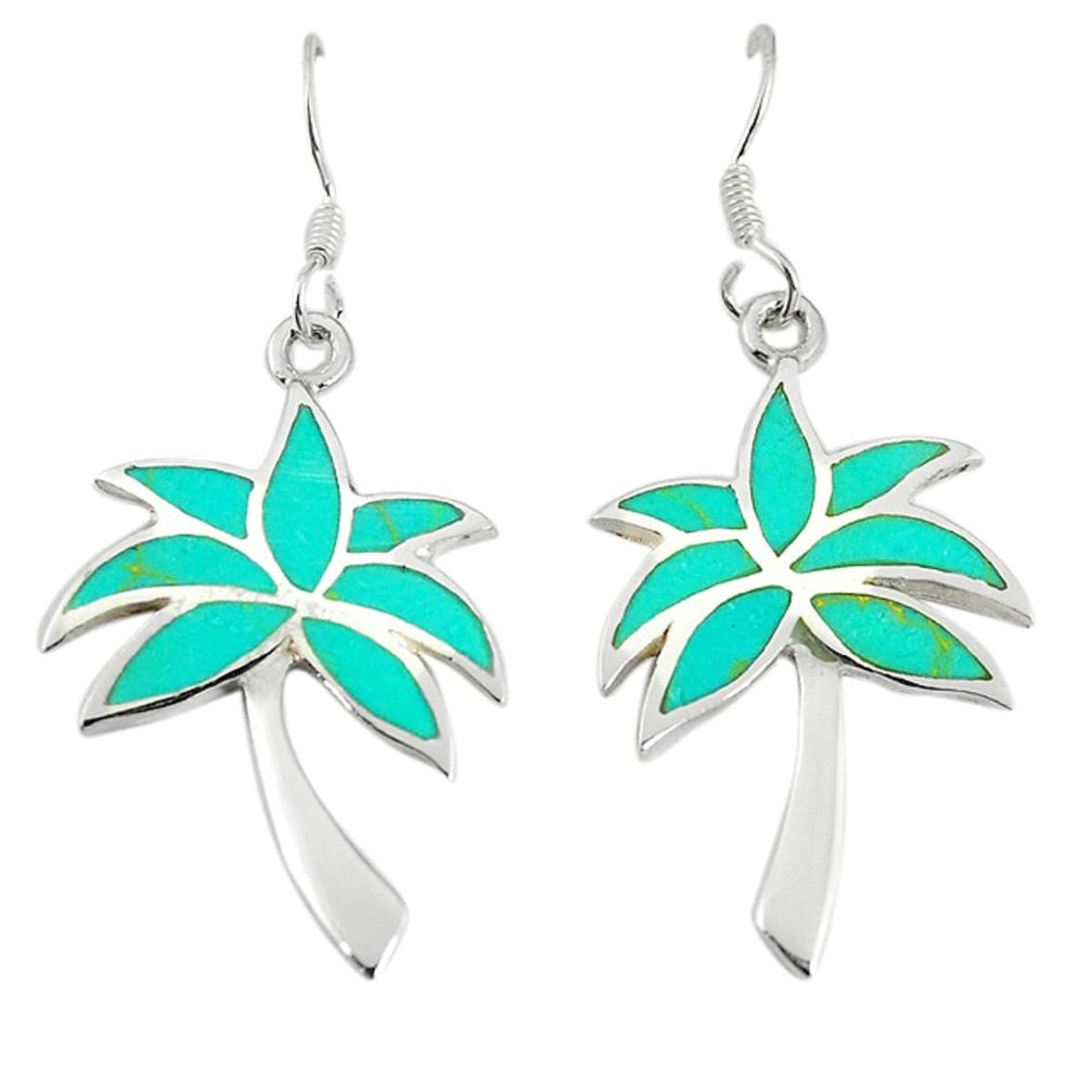 Fine green turquoise enamel 925 sterling silver dangle palm tree earrings a67761