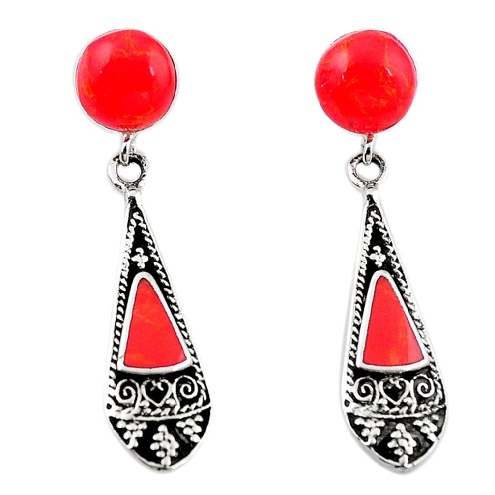 Natural red sponge coral 925 sterling silver earrings jewelry a69450