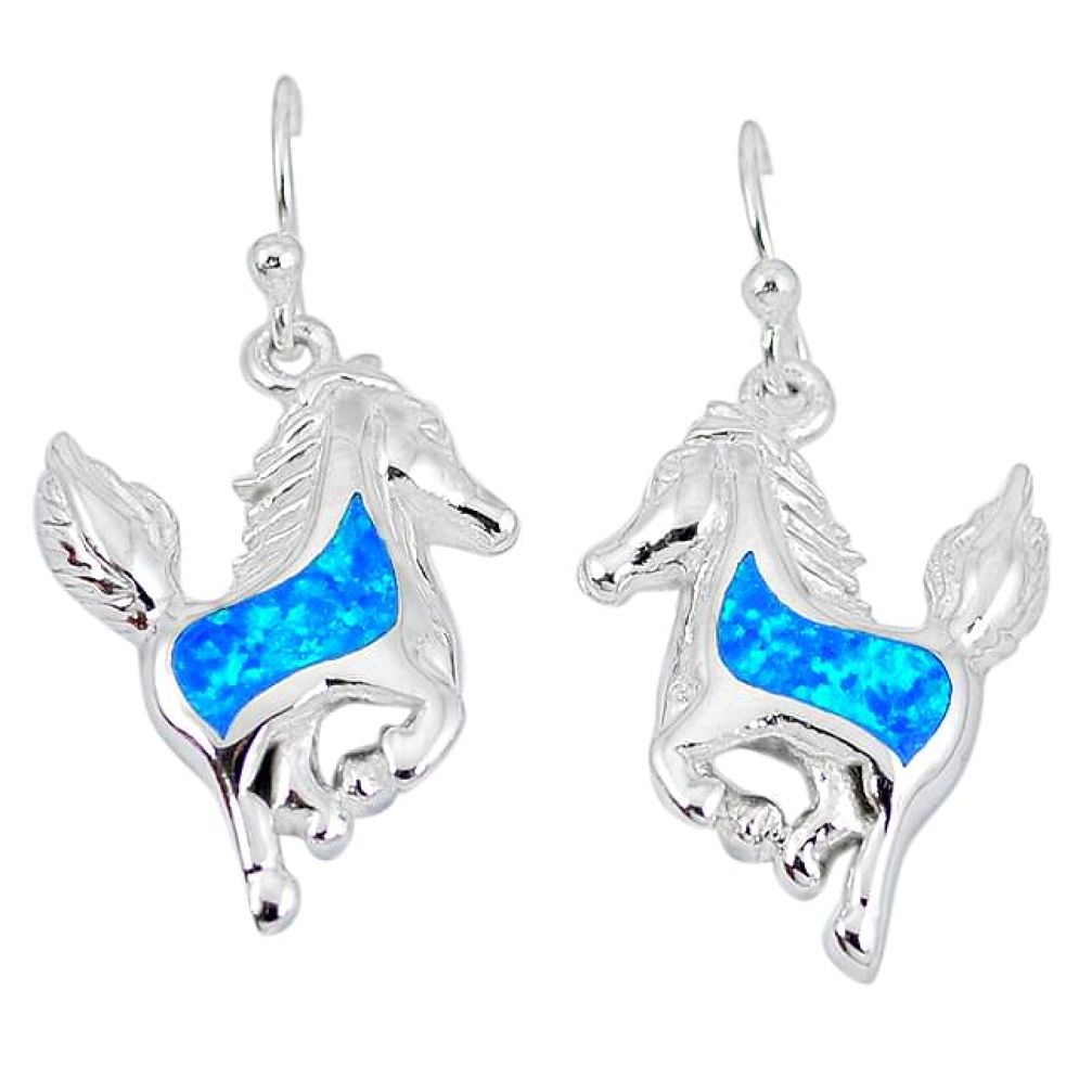 925 sterling silver blue australian opal (lab) horse earrings jewelry b5324