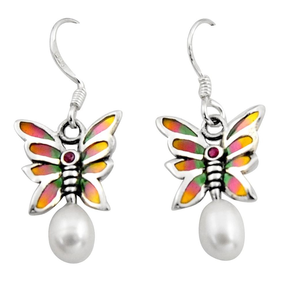 Art nouveau natural white pearl ruby enamel 925 silver butterfly earrings c8101