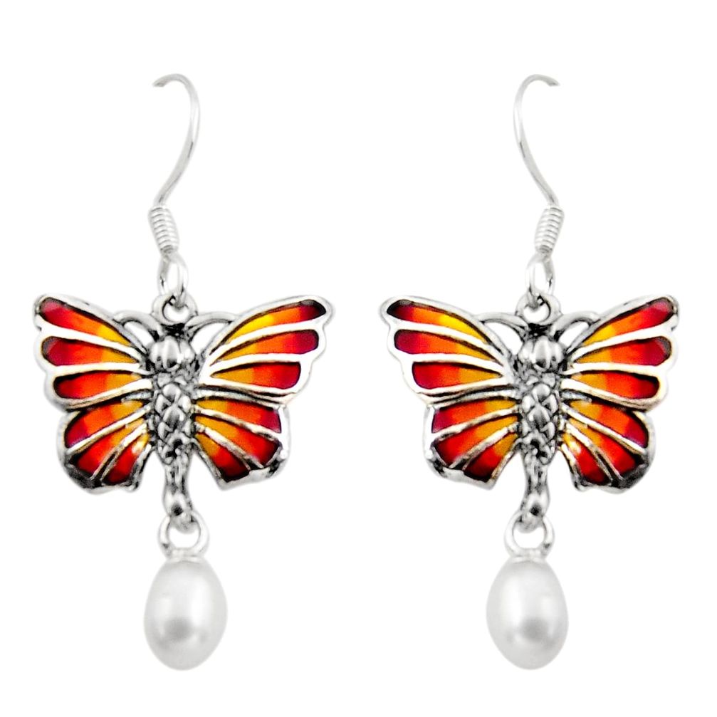 Art nouveau white pearl enamel 925 sterling silver butterfly earrings c8106