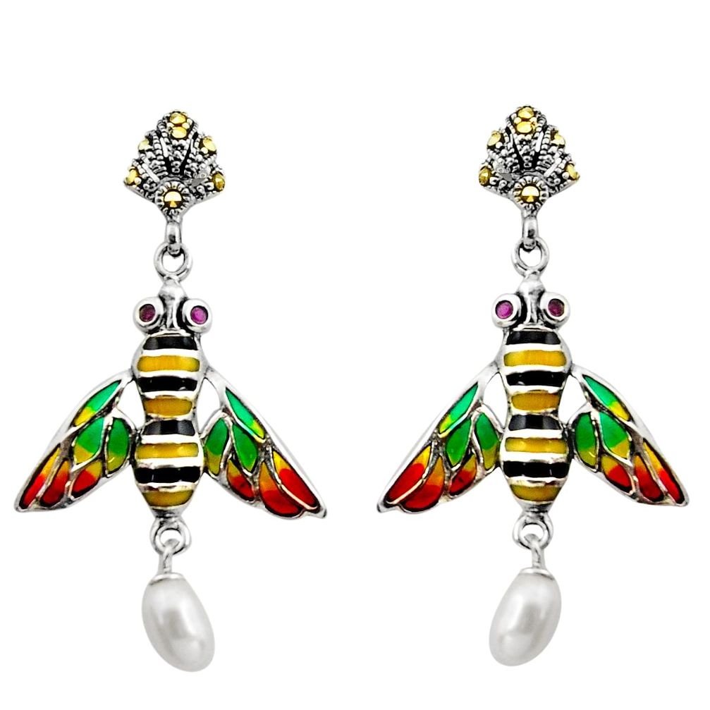 Art nouveau natural white pearl ruby enamel 925 silver honey bee earrings c8114