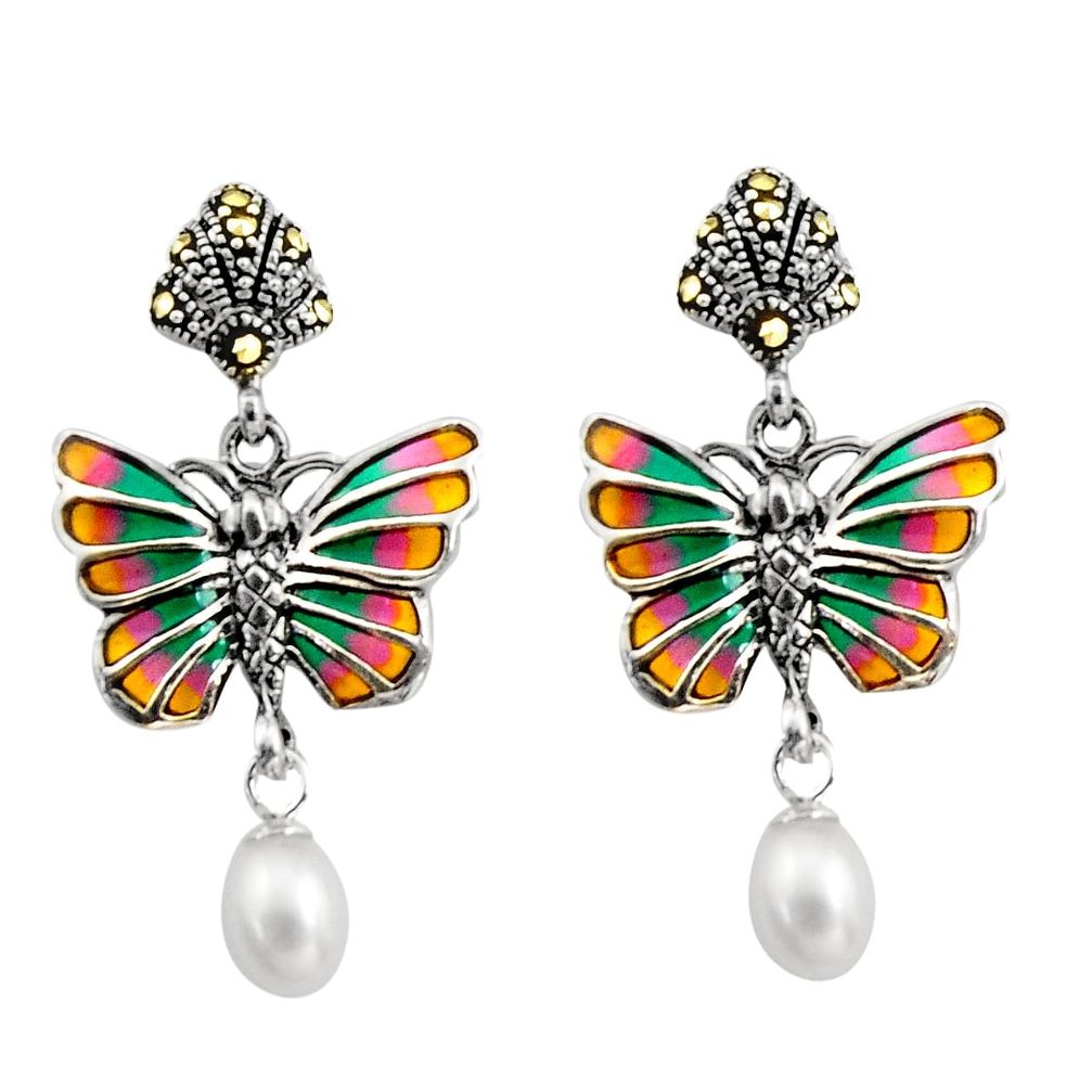 Art nouveau white pearl marcasite enamel 925 silver butterfly earrings c8115