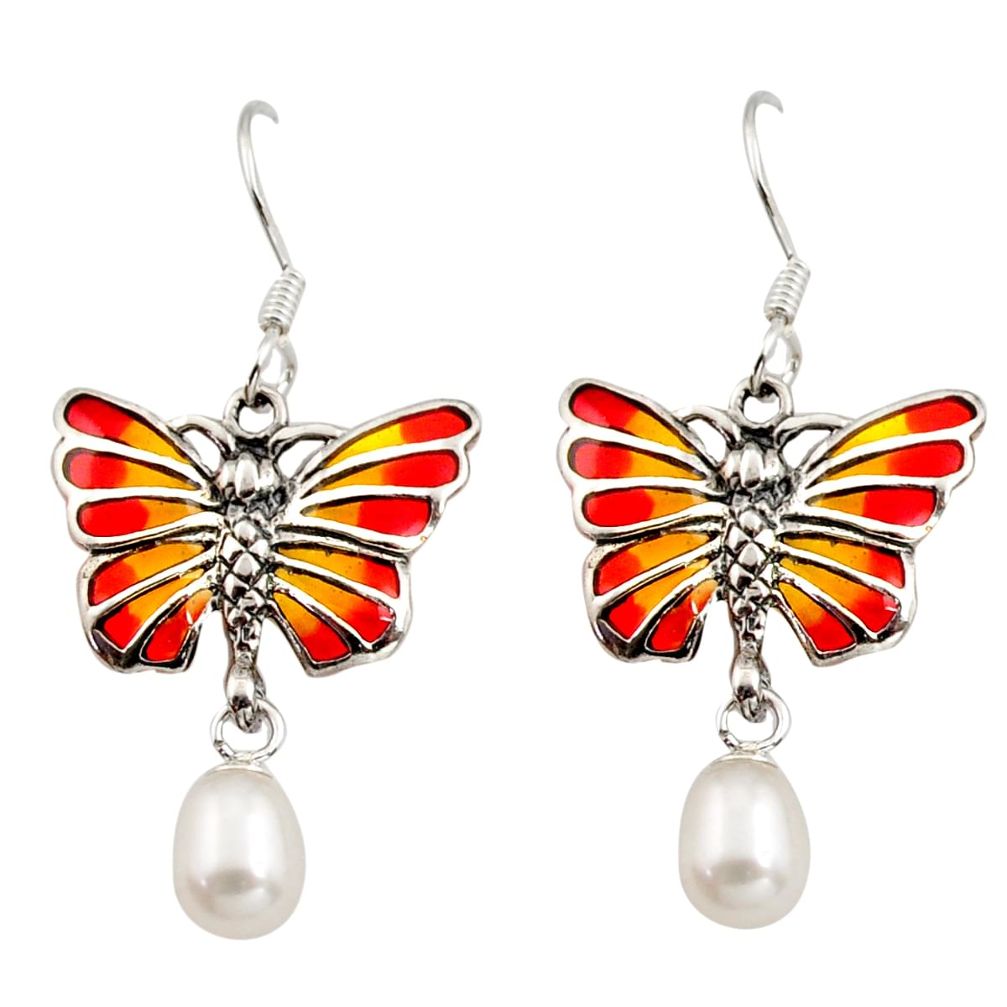 Art nouveau white pearl enamel 925 sterling silver butterfly earrings c8122