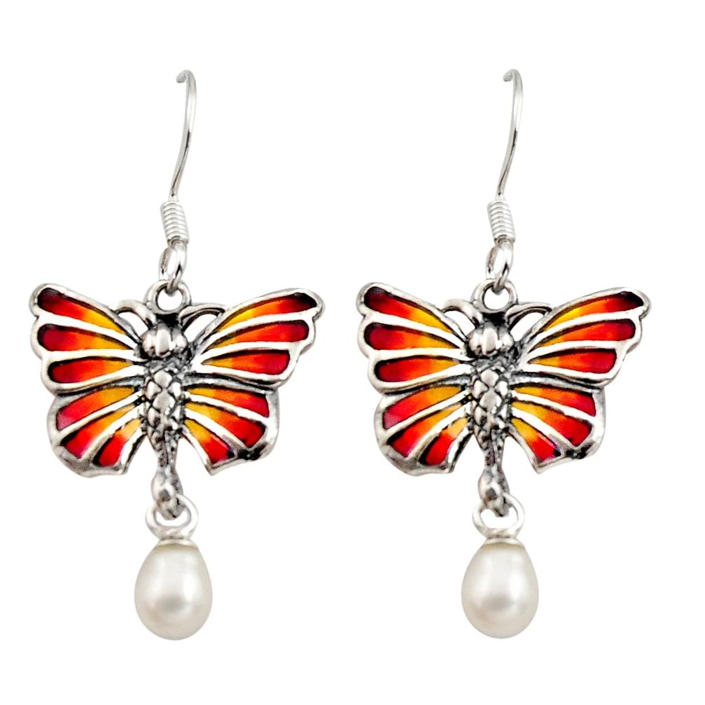 925 sterling silver art nouveau white pearl enamel butterfly earrings c8124