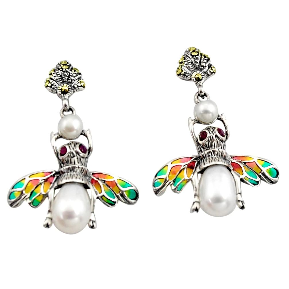 Art nouveau natural white pearl ruby enamel 925 silver honey bee earrings c8127