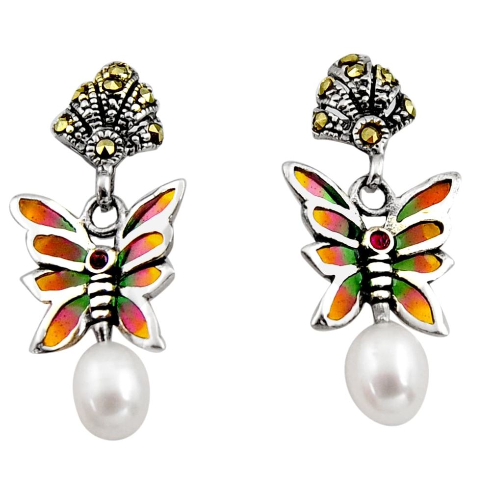 Art nouveau natural white pearl ruby enamel 925 silver honey bee earrings c8129