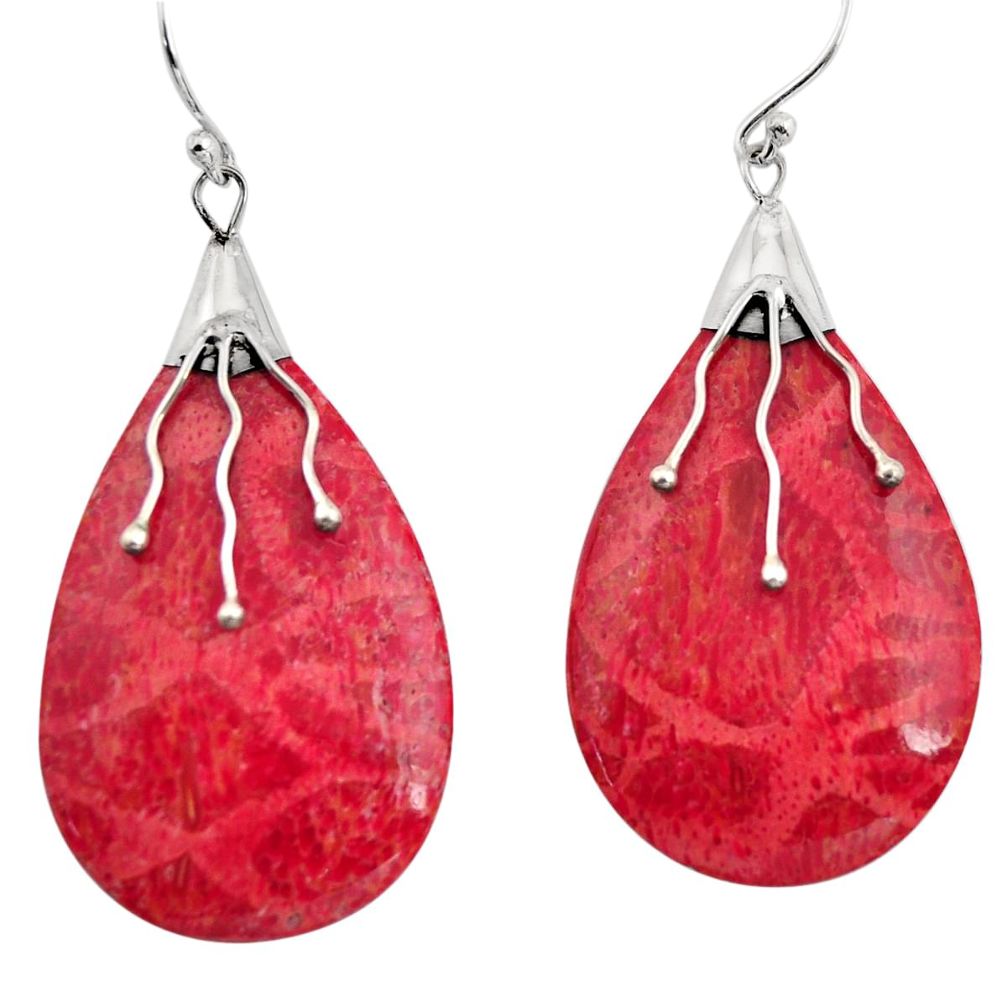 10.67cts natural red sponge coral 925 sterling silver dangle earrings c8489