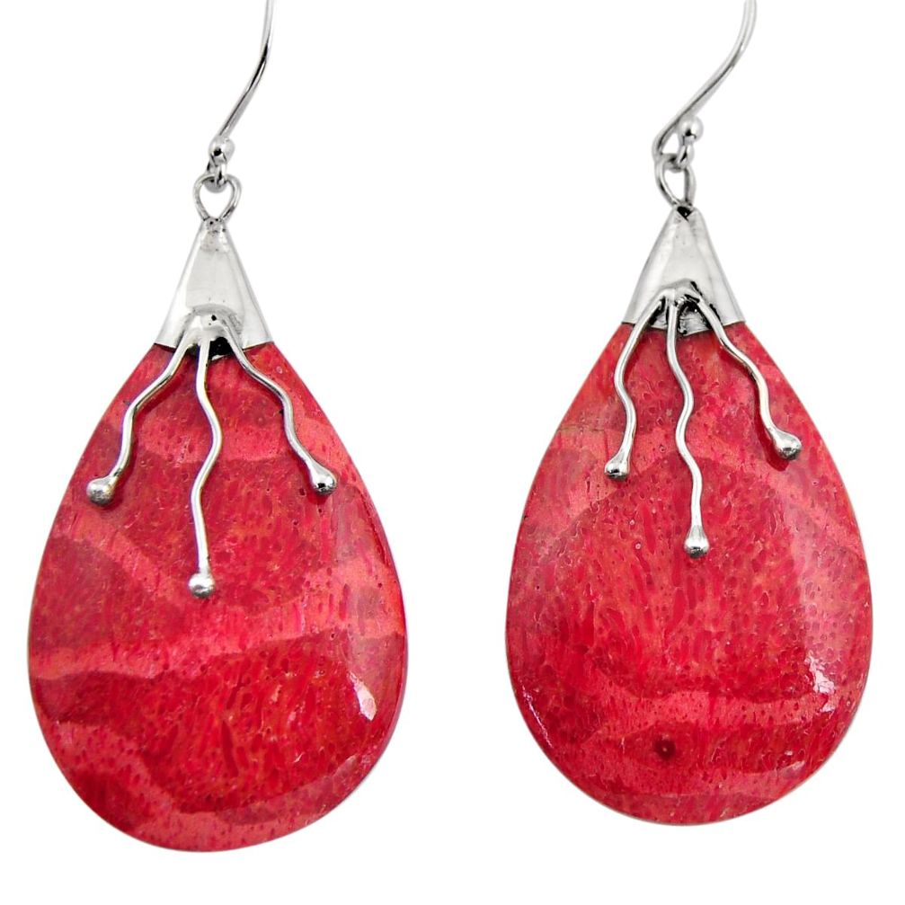 925 sterling silver 11.28cts natural red sponge coral dangle earrings c8490