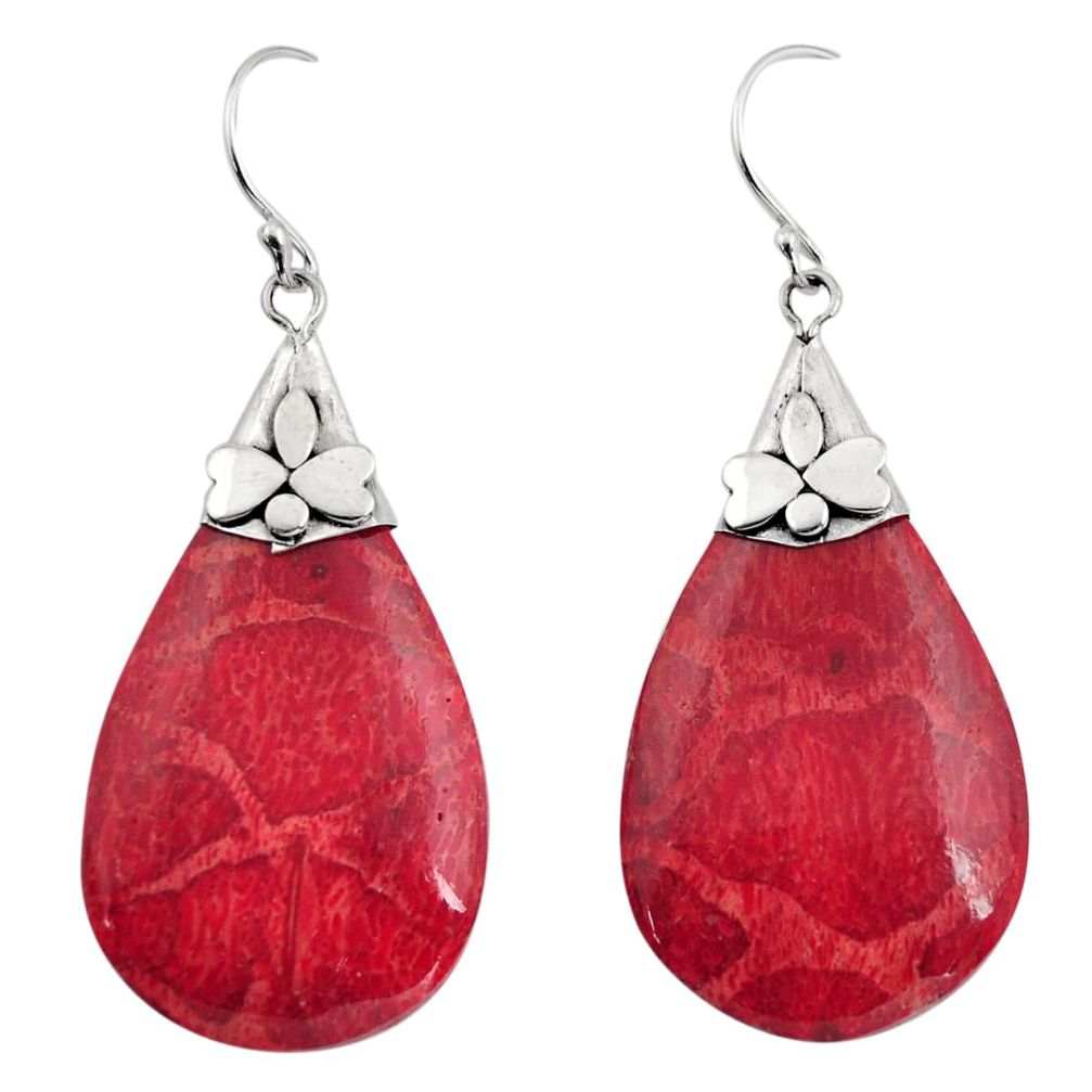11.69cts natural red sponge coral 925 sterling silver dangle earrings c8495