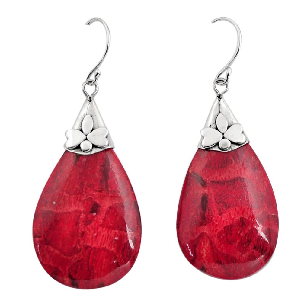 12.35cts natural red sponge coral 925 sterling silver dangle earrings c8496