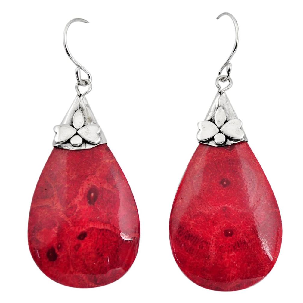 925 sterling silver 13.60cts natural red sponge coral dangle earrings c8497