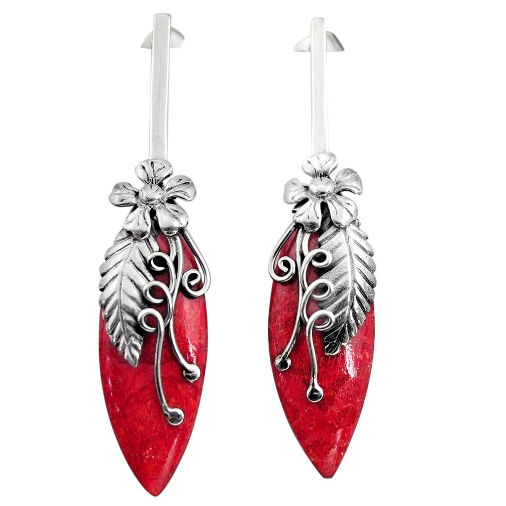 14.42cts natural red sponge coral 925 sterling silver dangle earrings c8498
