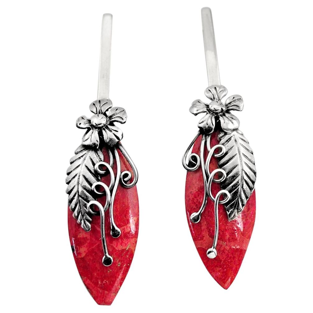 14.90cts natural red sponge coral 925 sterling silver dangle earrings c8499