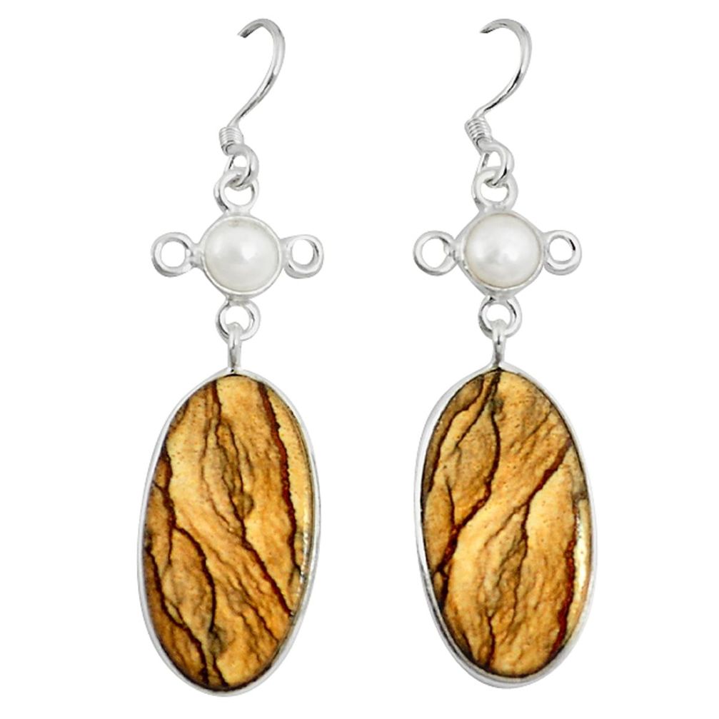 925 silver natural brown picture jasper white pearl dangle earrings d10048