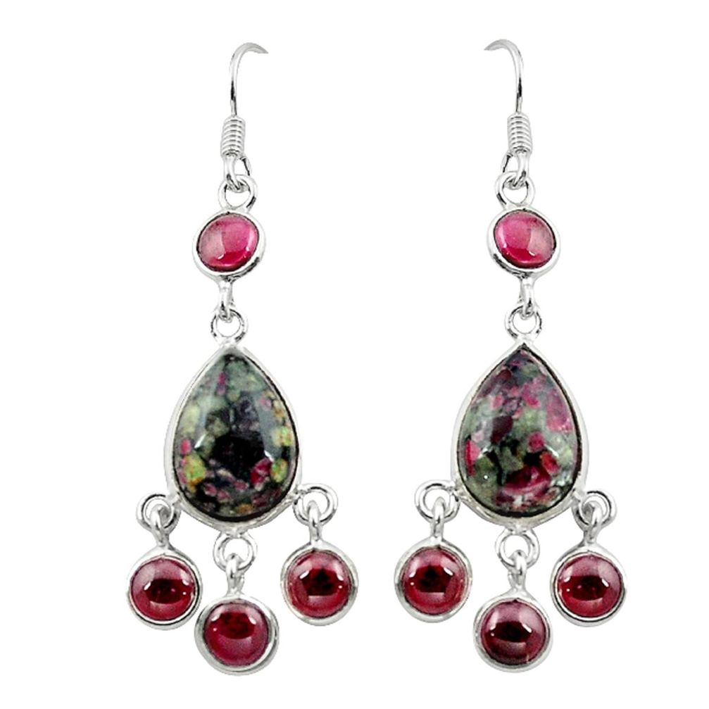 Natural pink eudialyte red garnet 925 silver chandelier earrings jewelry d10445