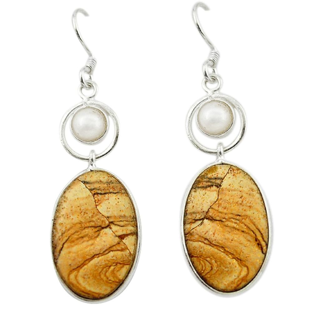 Natural brown picture jasper white pearl 925 silver dangle earrings d14988