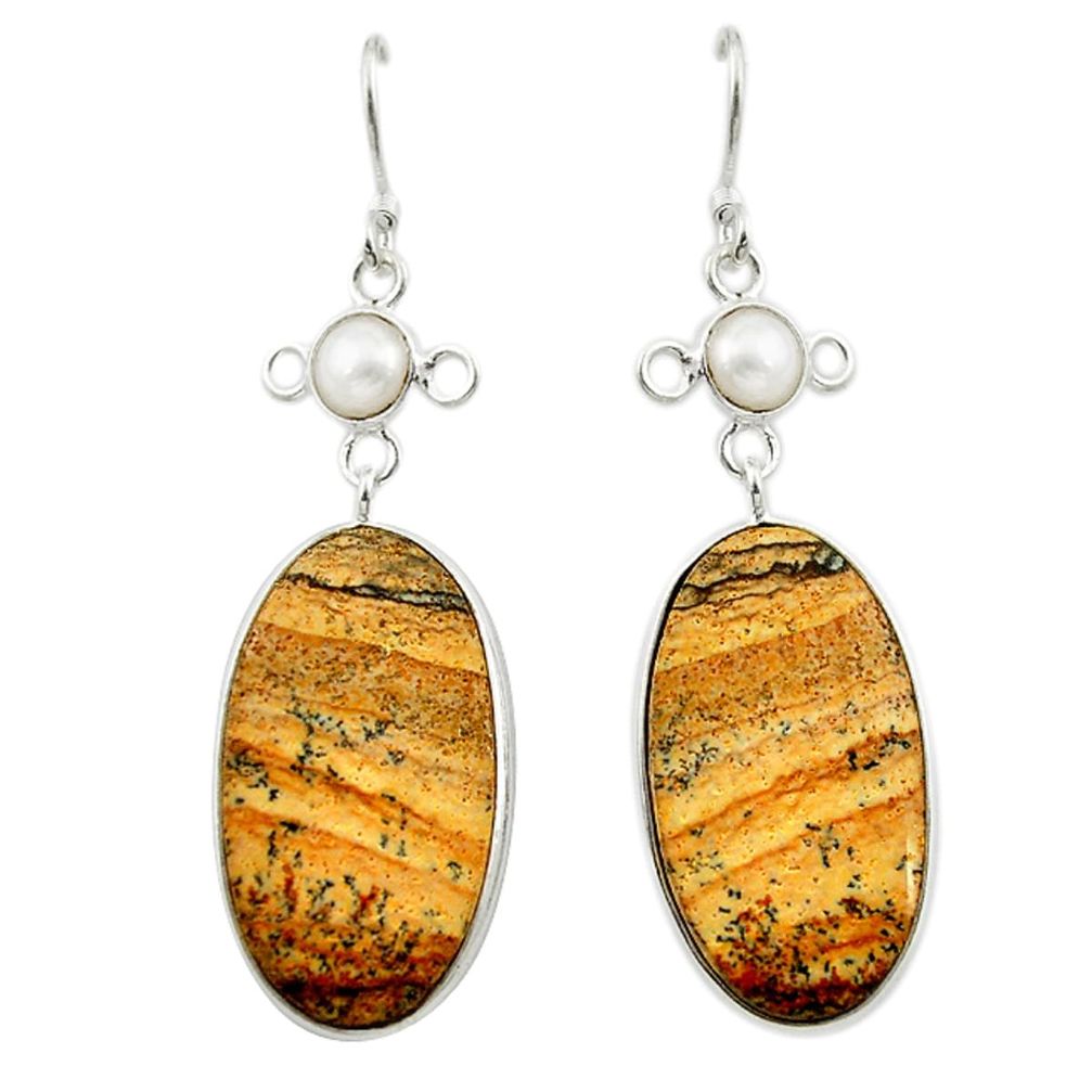 925 silver natural brown picture jasper white pearl dangle earrings d14993