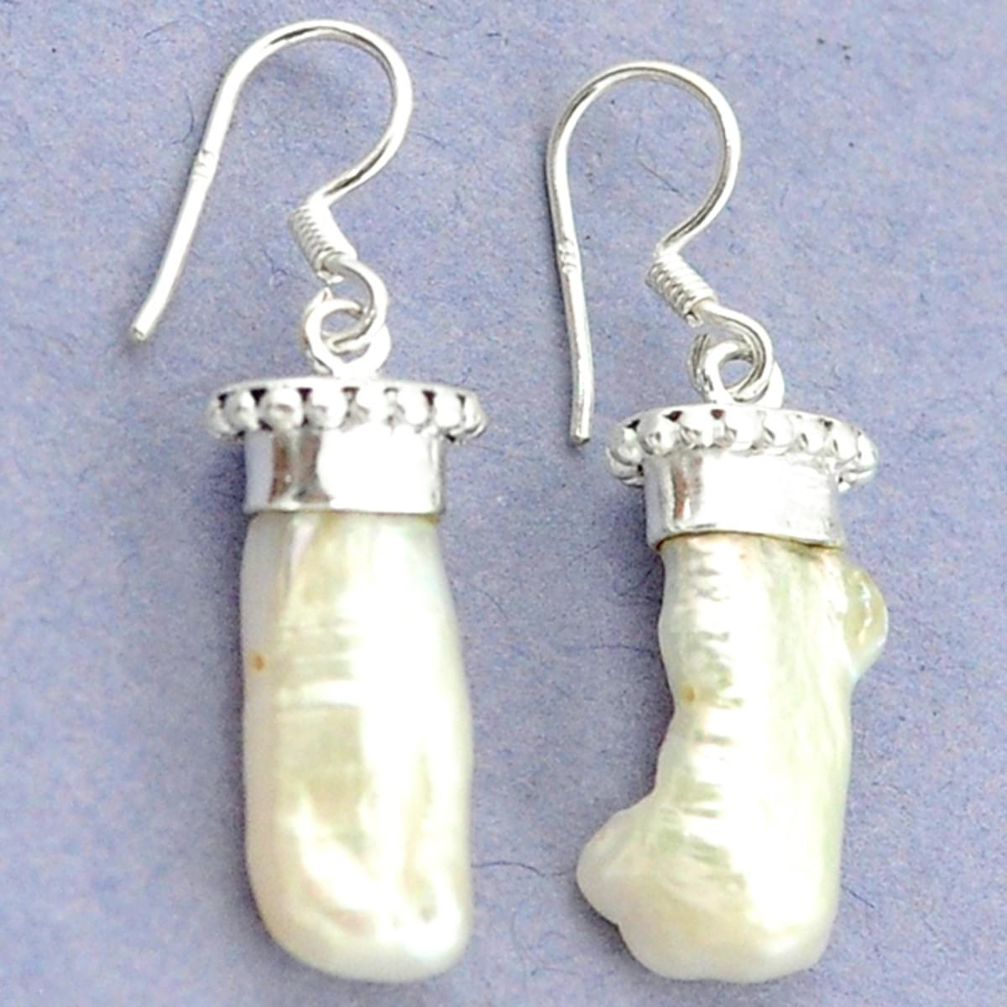 Natural white biwa pearl 925 sterling silver dangle earrings jewelry d15872
